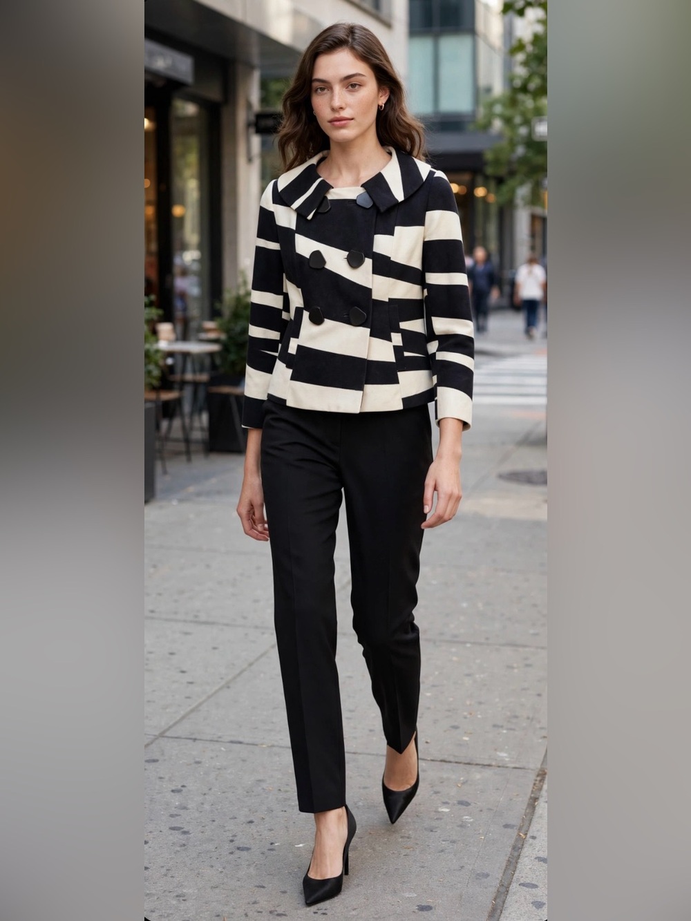 Etcetera Black Cream Striped Swing Jacket Size 4 Mod